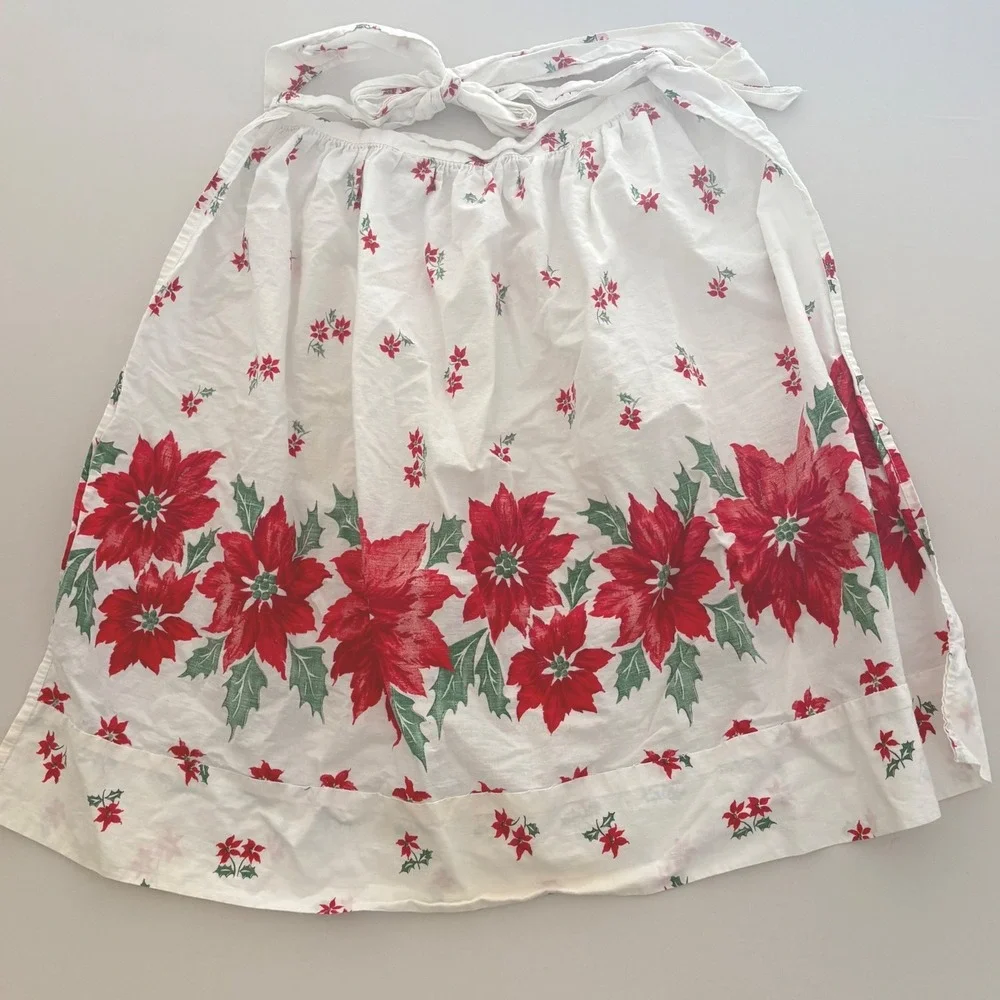 Vtg 1950s Christmas Half Apron Poinsettia Border Print MCM Holiday Hostess AS IS